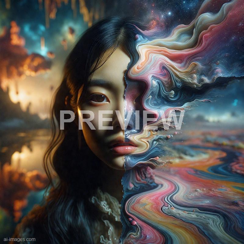 The image features a young woman with long, dark, wavy hair, with half of her face visible and the other half dissolving into an abstract, colorful swirl of paint-like textures. The background shows a surreal, dreamy landscape with a mixture of warm and cool tones, including clouds and a starry sky, blending seamlessly into the swirling patterns that extend from her face. The overall effect creates a striking fusion of realism and abstract art, giving a sense of transformation or merging between human and cosmic elements.